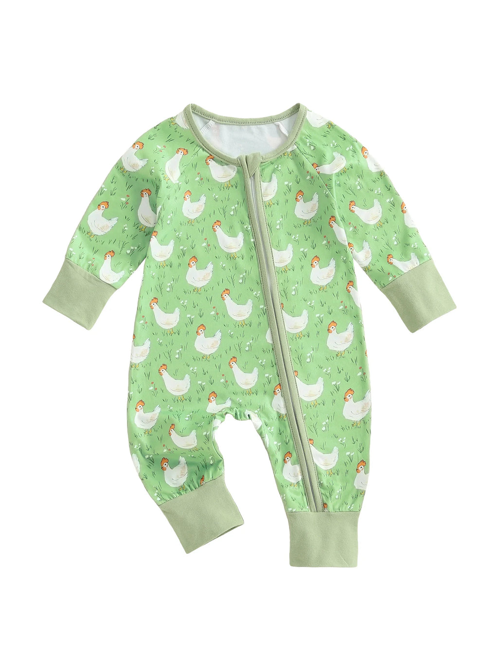 Baby Girl Boy Chicken Print Jumpsuit Long Sleeve Round Neck Zipper Romper