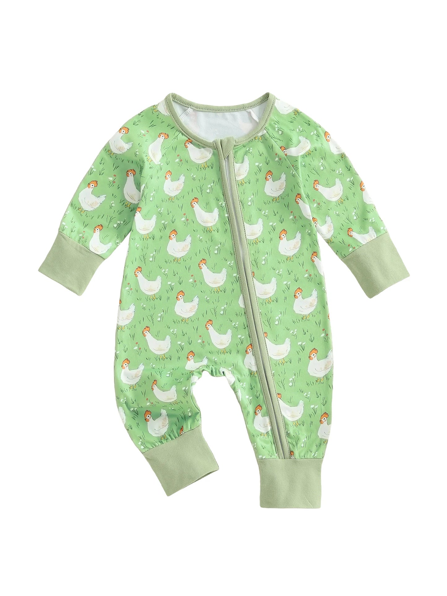 Baby Girl Boy Chicken Print Jumpsuit Long Sleeve Round Neck Zipper Romper