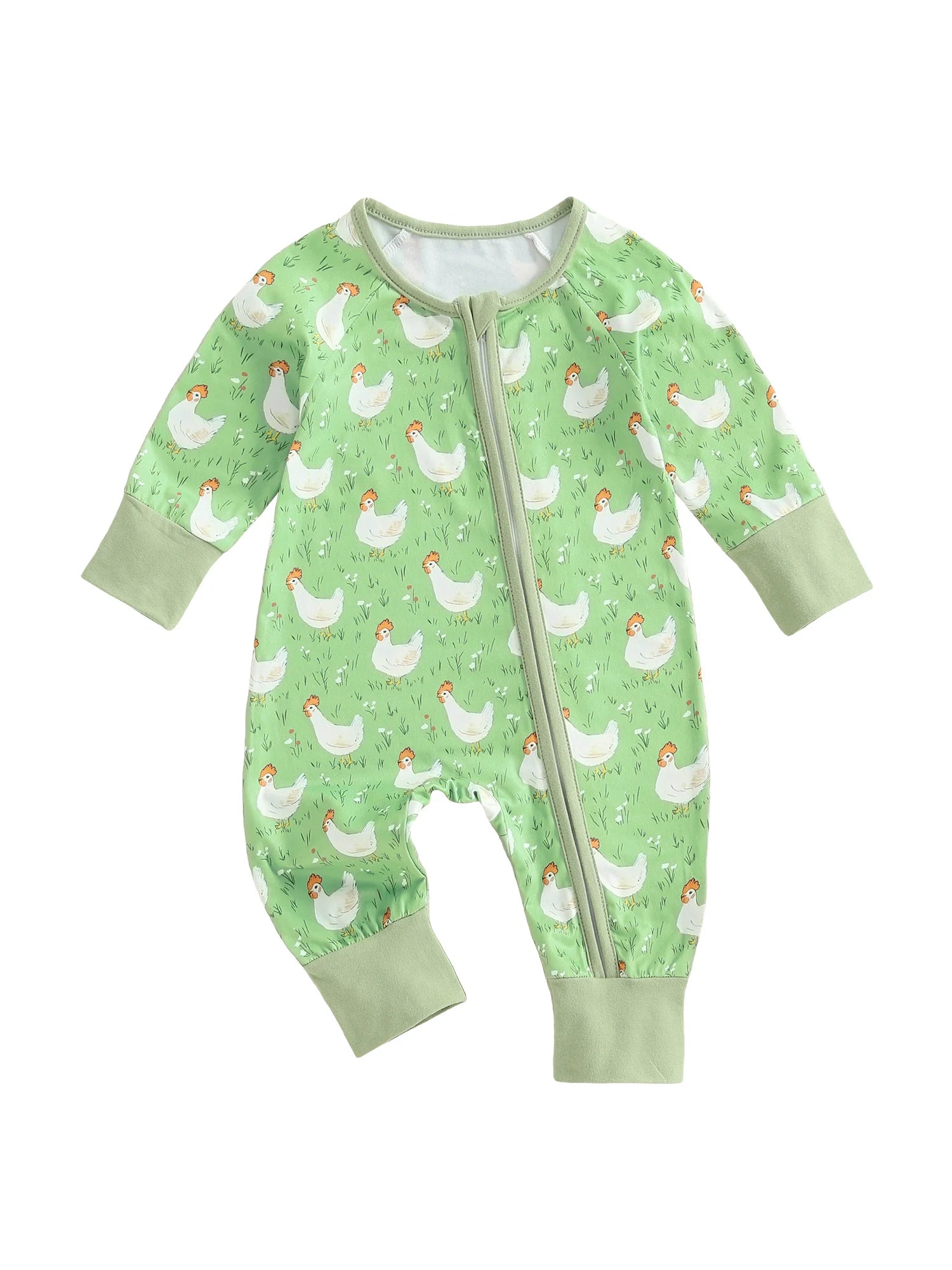 Baby Girl Boy Chicken Print Jumpsuit Long Sleeve Round Neck Zipper Romper