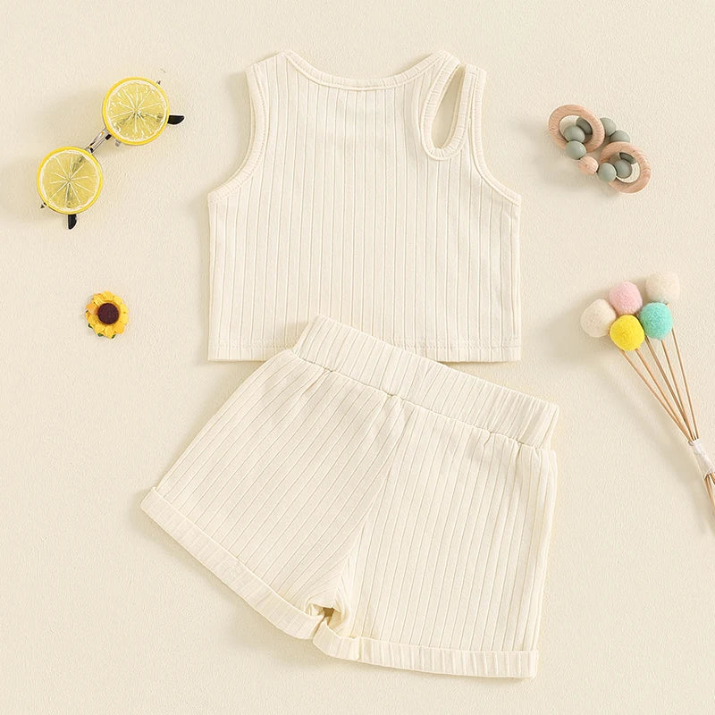 Baby Toddler Girls 2Pcs Ribbed Tank Top Elastic Waistband Drawstring Shorts Matching Outfit Set