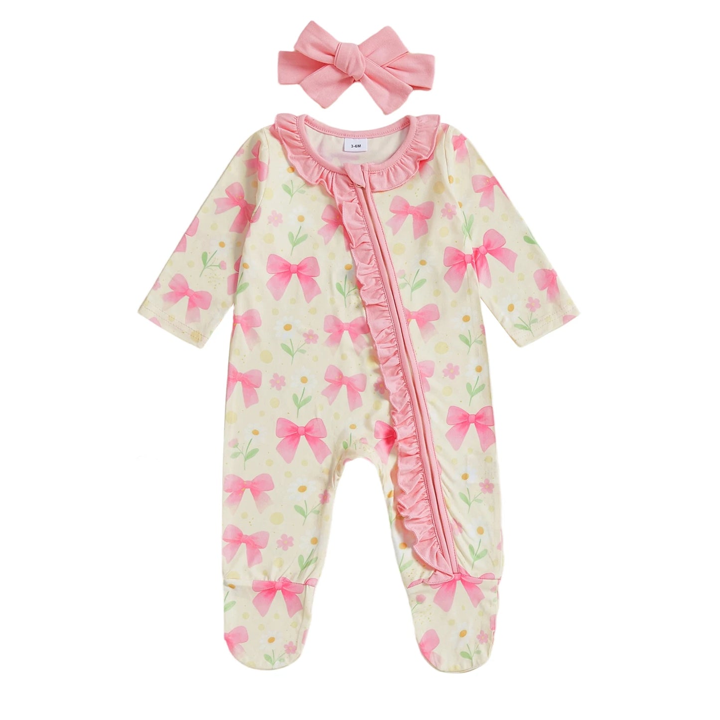 Baby Girl 2Pcs Footed Zipper Romper Floral Print Long Sleeve Zip Up Round Neck Ruffled Jumpsuit with Headband Set