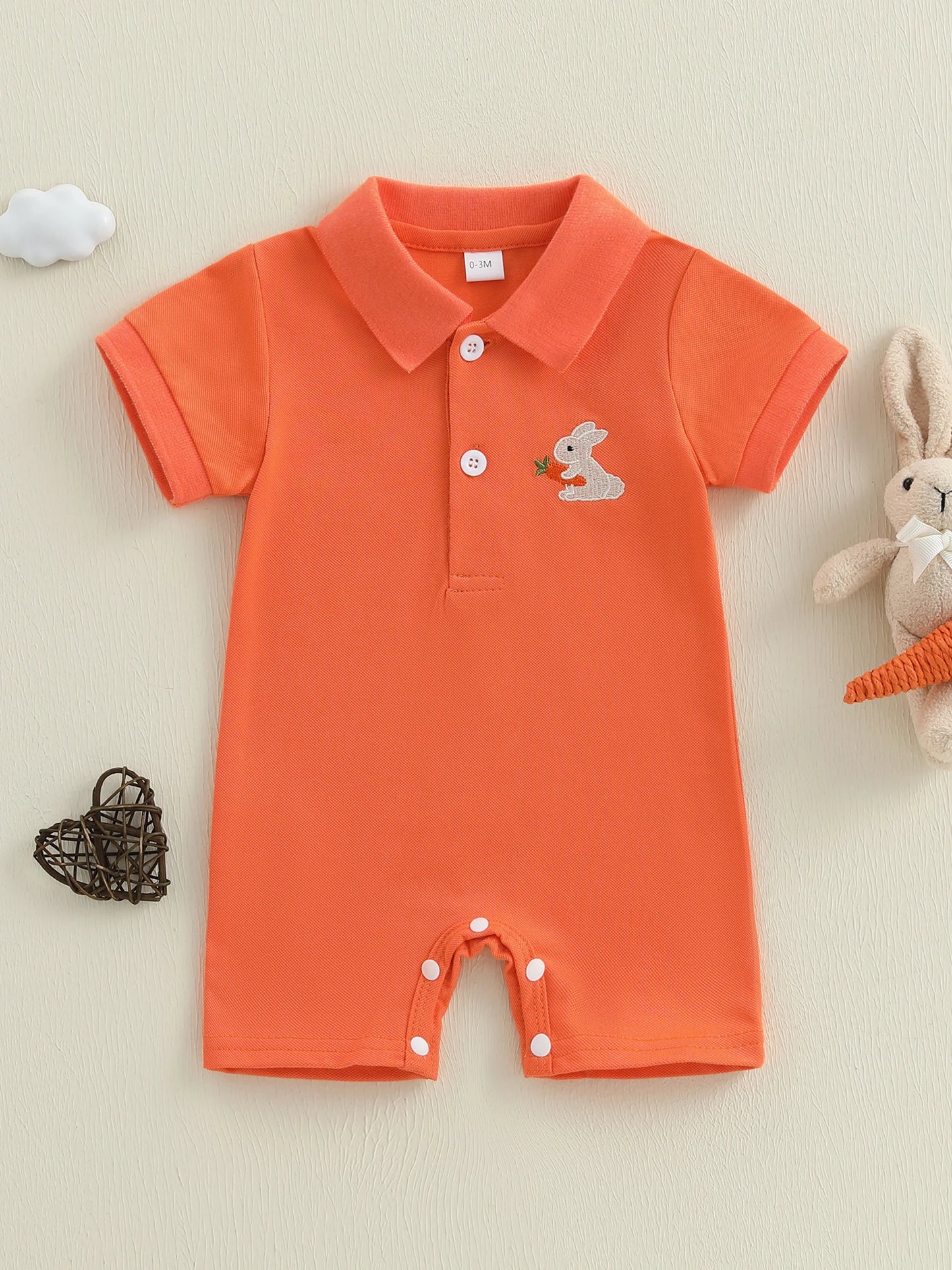 Baby Boys Easter Romper Spring Short Sleeve Lapel Collar Bunny Rabbit Embroidery Jumpsuit Playsuit