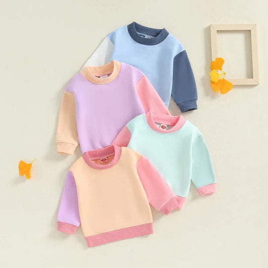 Baby Toddler Kids Girls Boys Contrast Color Crew Neck Long Sleeve Pullover Fall Clothes Top