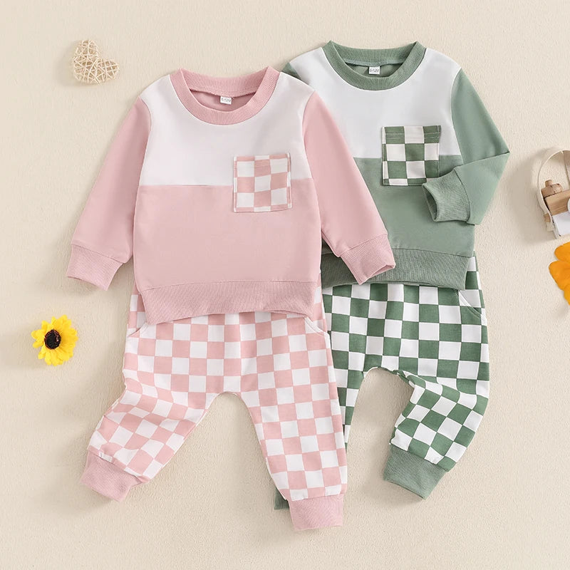 Baby Toddler Boys Girls 2Pcs Outfit Checker Print Long Sleeve Top and Elastic Pants Fall Set