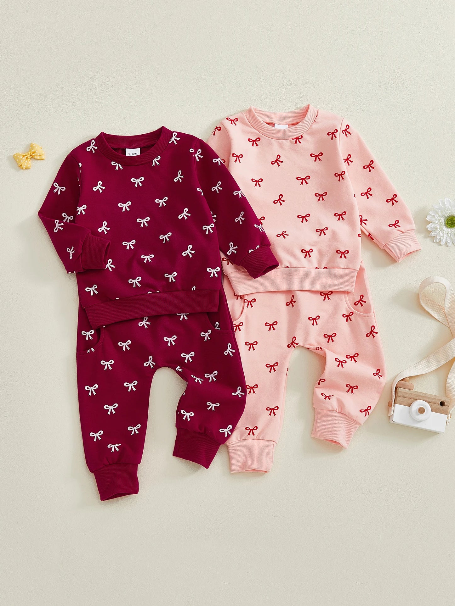 Baby Toddler Girl 2Pcs Fall Outfits Bow Print Long Sleeve Round Neck Pullover + Elastic Waist Long Pants 2Pcs Jogger Set