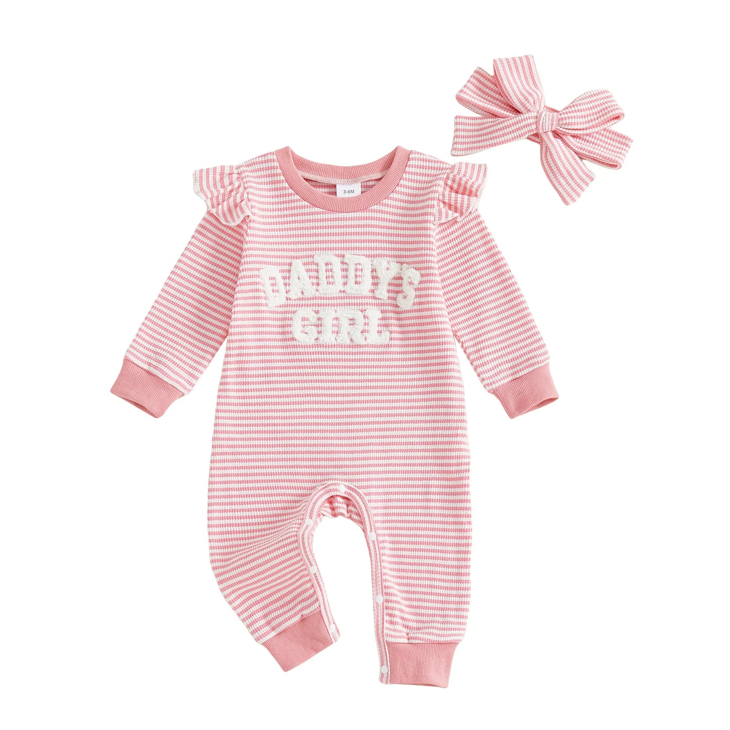 Baby Girls 2Pcs Daddy's Girl Striped Romper Letter Embroidery Ruffled Long Sleeves Jumpsuits and Cute Headband Set