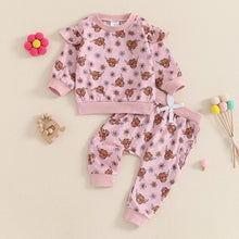 Load image into Gallery viewer, Baby Toddler Girls 2Pcs Fall Set Cattle Print Long Sleeve Round Neck Top Drawstring Pocket Long Pants Outfit
