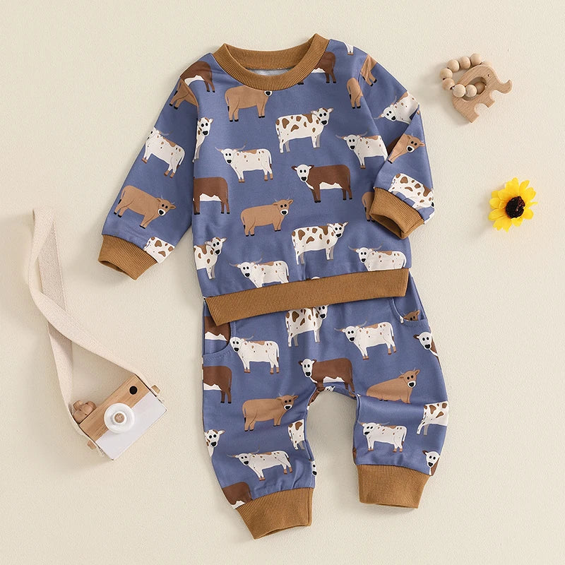 Baby Toddler Boys 2Pcs Cow Print Long Sleeve Crew Neck Top with Elastic Waist Pants Clothes Outfit Set