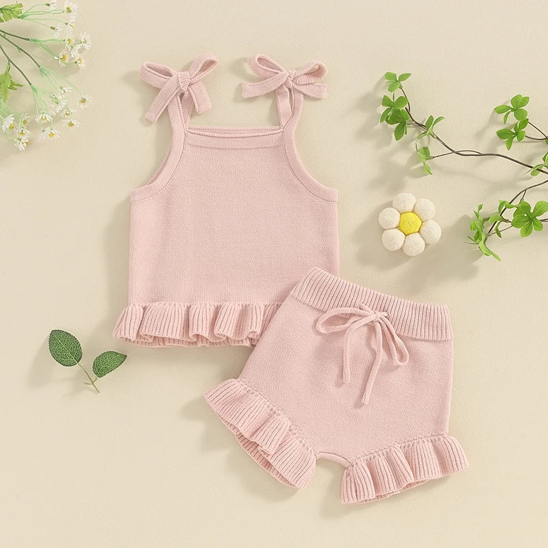 Baby Girl 2Pcs Outfits Knit Solid Color Sleeveless Cami Tank Top Tie with Elastic Waist Shorts Outfit Set