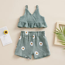 Load image into Gallery viewer, Toddler Girls Summer 2PCS Outfit Sets Solid Color Ruffle Top Floral Daisy Shorts
