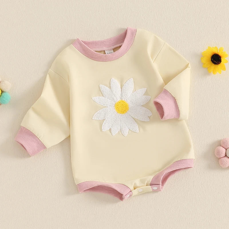 Baby Girls Bubble Romper Long Sleeve Crew Neck Embroidery Flower Jumpsuit Spring