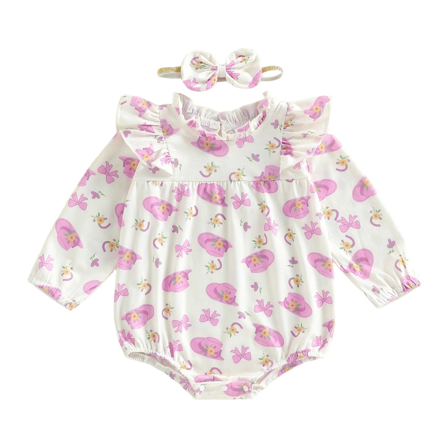 Baby Girl 2Pcs Outfit Long Sleeve Crew Neck Hat Bow Print Romper with Hairband Fall Clothes Set