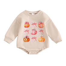 Load image into Gallery viewer, Baby Girls Halloween Thanksgiving Bubble Romper Pumpkin Bow Print Long Sleeve Round Neck Jumpsuit for Fall
