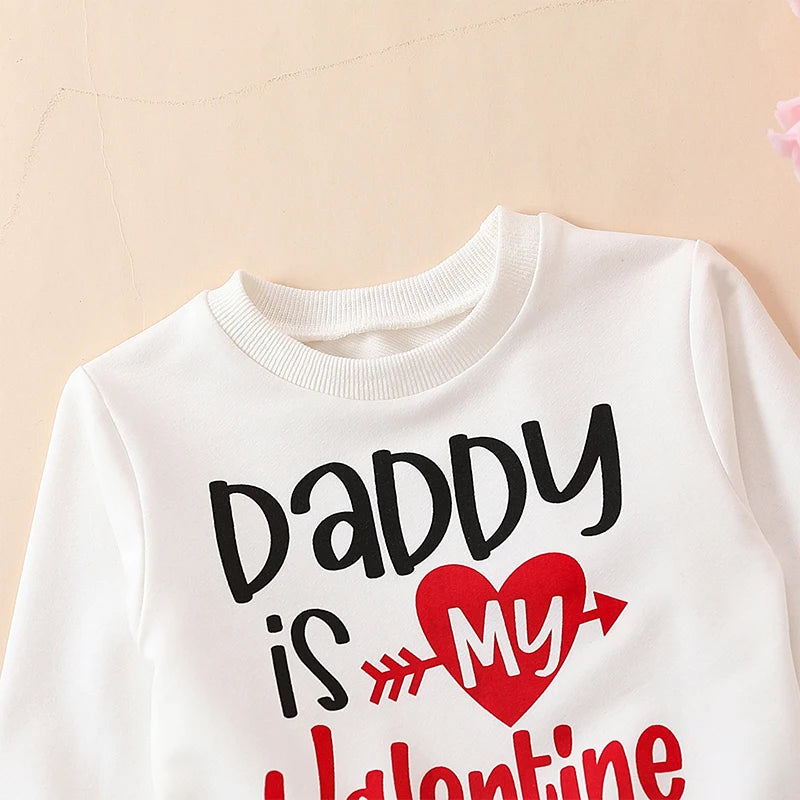 Baby Toddler Girl 2Pcs Valentine's Day Outfit Letter Daddy's Valentine Print Top Heart Knee Long Pant Clothes Set