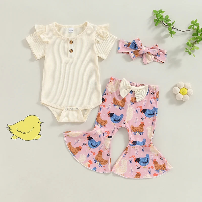 Baby Girl 3Pcs Romper Outfit Ribbed Ruffled Short Sleeve Jumpsuit with Floral / Chicken Flare Pants Headband Set