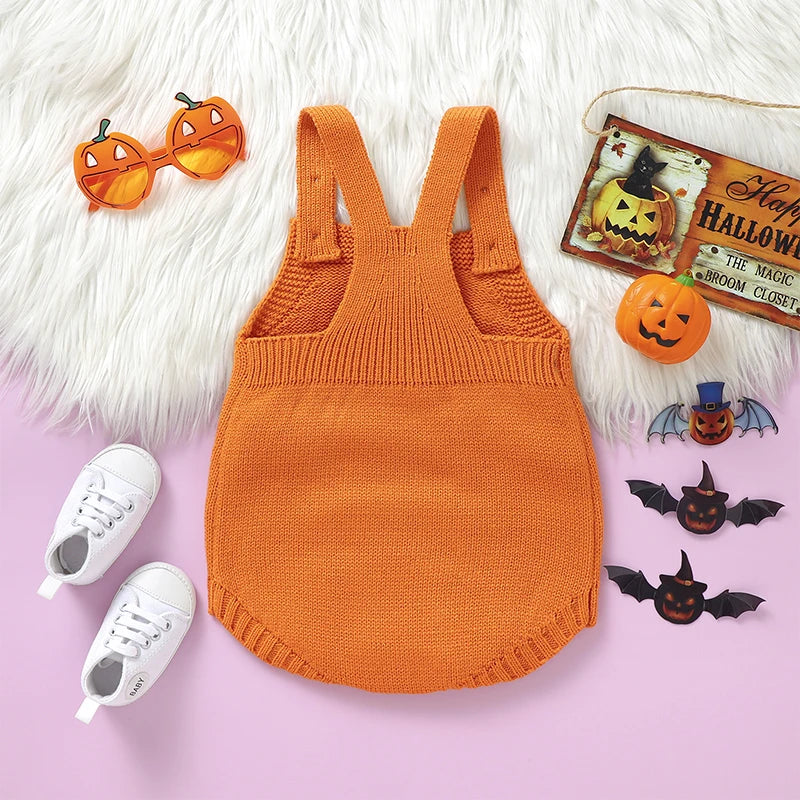 Baby Boys Girls Knit Romper Sleeveless Pumpkin Face Jack O Lantern Bodysuit Overalls Halloween