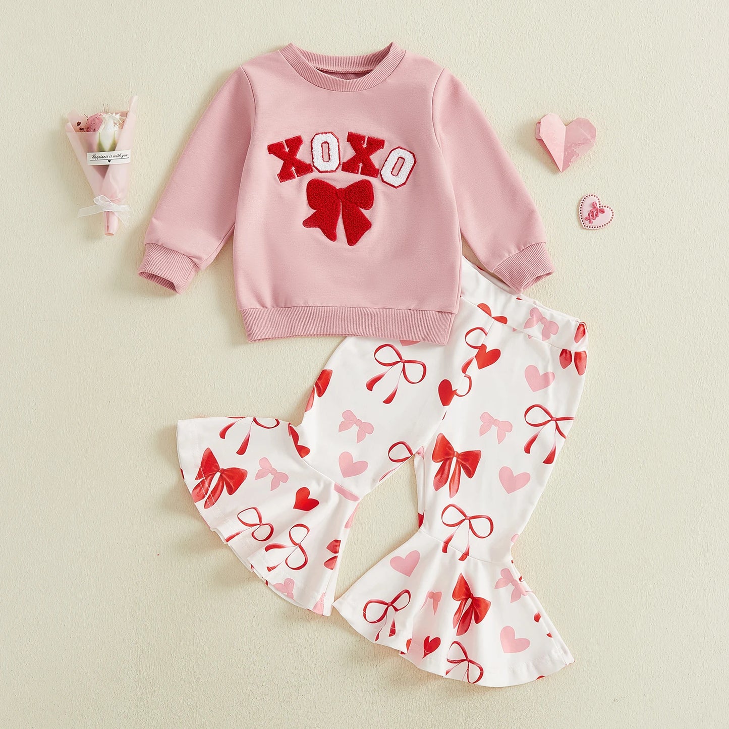 Baby Toddler Girls 2Pcs XOXO Be Mine Valentine's Day Outfit Bow Embroidery Long Sleeve Pullover Top with Bell Bottoms Clothing Set