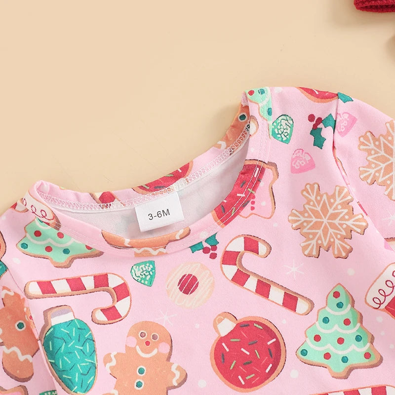 Baby Girls 2Pcs Romper Christmas Print Long Sleeve Jumpsuits Flare Sleeve and Pant and Cute Headband Set Infant Outfits