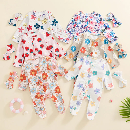 Baby Girls 2Pcs Long Sleeve Strawberry Flower Butterfly Print Frills Zipper Footies Jumpsuit and Headband Romper Set