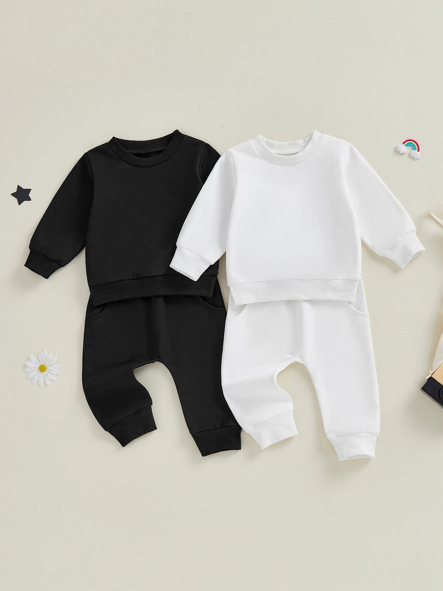 Baby Toddler Boy Girl 2Pcs Spring Fall Outfits Solid Color Long Sleeve Round Neck Pullover Top + Elastic Waist Long Pants Jogger Set