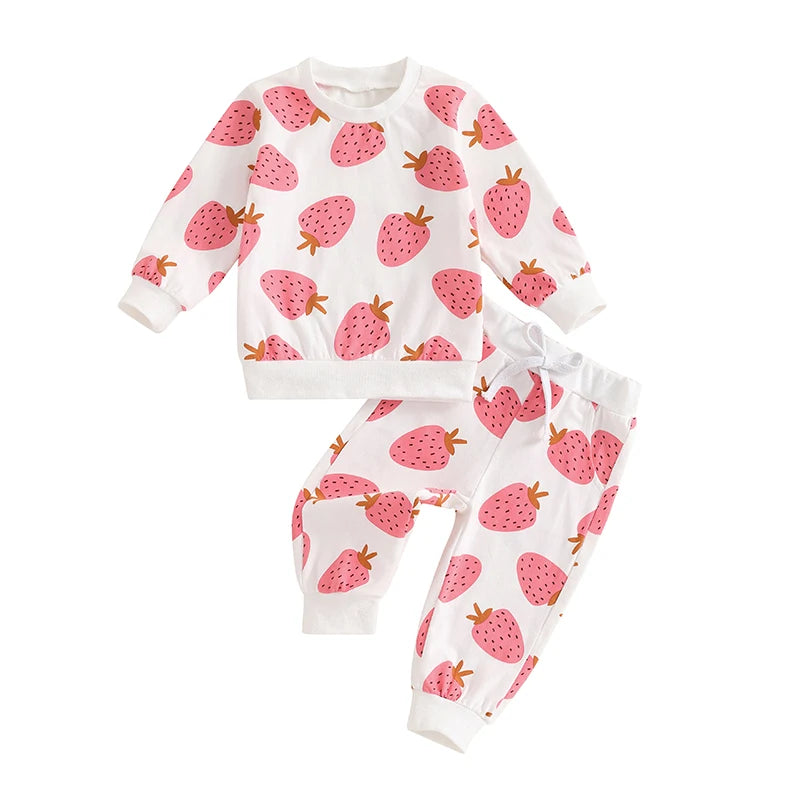 Baby Toddler Girls 2Pcs Fall Outfit Strawberry Print Long Sleeve Top and Elastic Pants Set