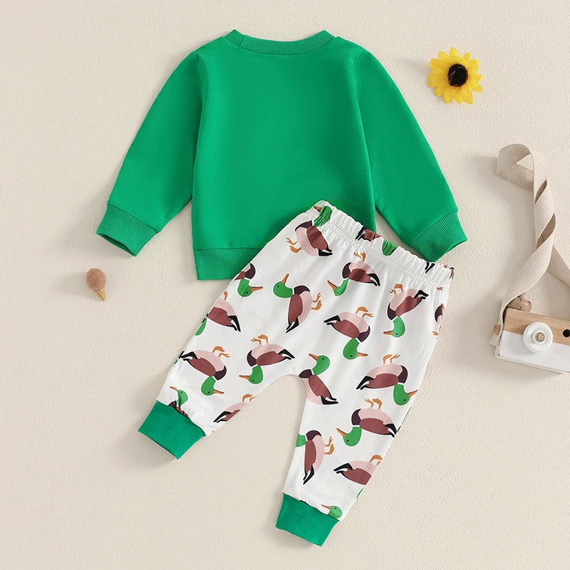 Baby Toddler Boys 2Pcs Autumn Spring Outfit Jogger Set Long Sleeve O Neck Top Duck Print Drawstring Pants