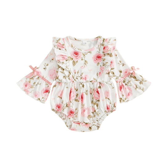 Baby Girls Floral Romper Comfortable Long Sleeve Round Neck Flower Print Jumpsuit