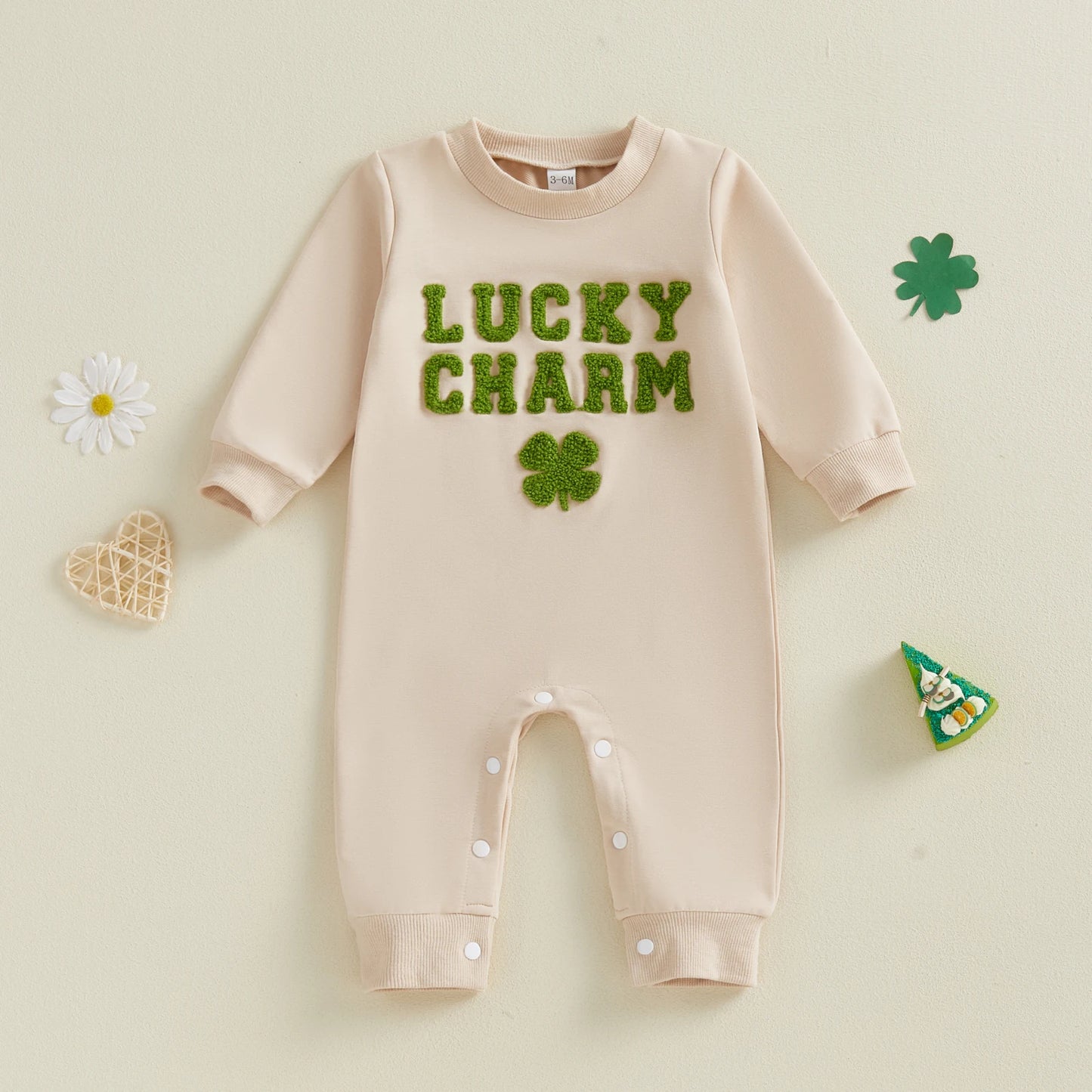 Baby Boys Girls Lucky Charm Irish Romper Fashionable Letters Shamrock Embroidery Crew Neck Long Sleeve St. Patrick's Day Jumpsuit