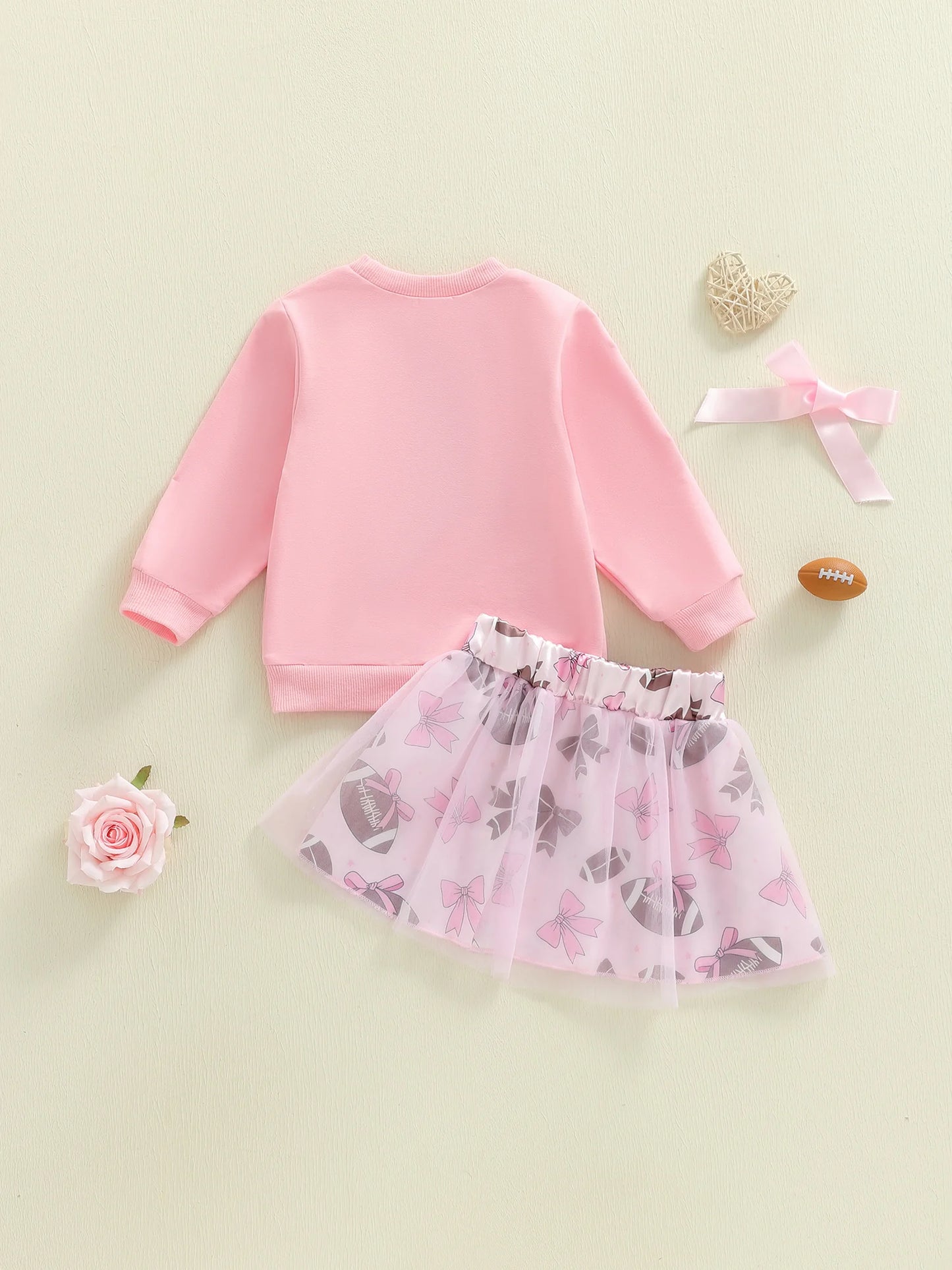 Baby Toddler Girl 2Pcs Fall Outfits Football Embroidery Long Sleeve Round Neck Top and Tutu Skirt 2Piece Set
