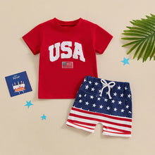 Load image into Gallery viewer, Toddler Baby Boy 2Pcs 4th of July Outfit USA Letter Print O-Neck Short Sleeve TopsElastic Waist Stars and Stripes Flag Shorts Summer Outfit Set
