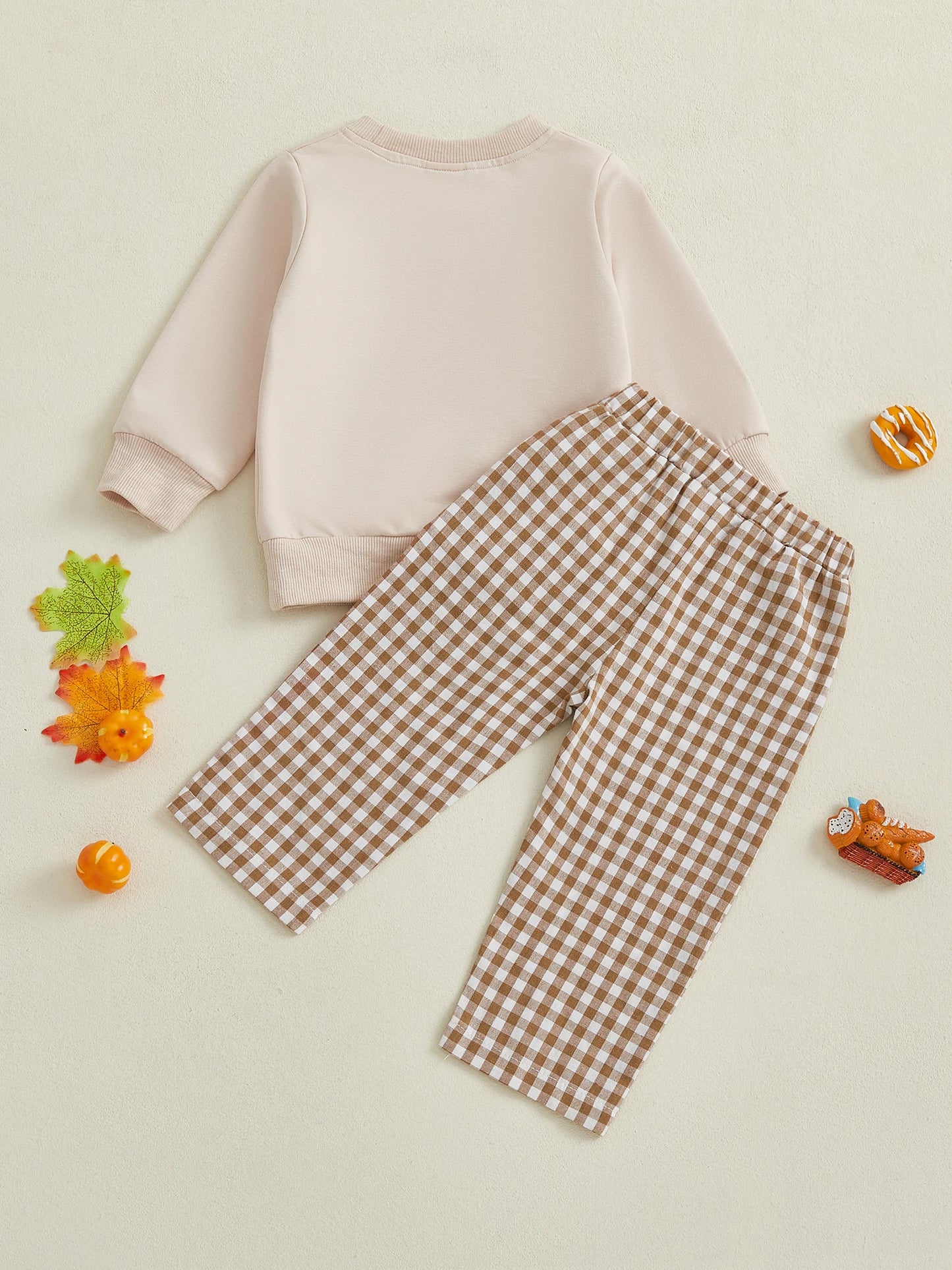 Baby Toddler Boys Girls 2Pcs Thanksgiving Outfit Pumpkin Turkey Pie Long Sleeve Crewneck Top Plaid Elastic Waist Pants Set