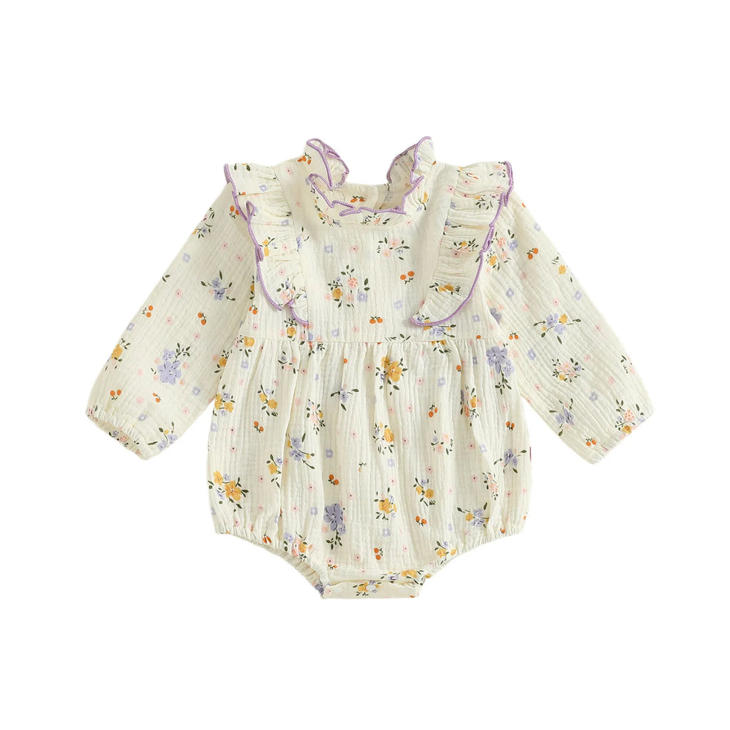 Baby Girl Fall Bubble Romper Floral Print Long Sleeve Frill Mock Neck Ruffled Jumpsuit