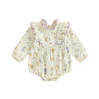 Baby Girl Fall Bubble Romper Floral Print Long Sleeve Frill Mock Neck Ruffled Jumpsuit