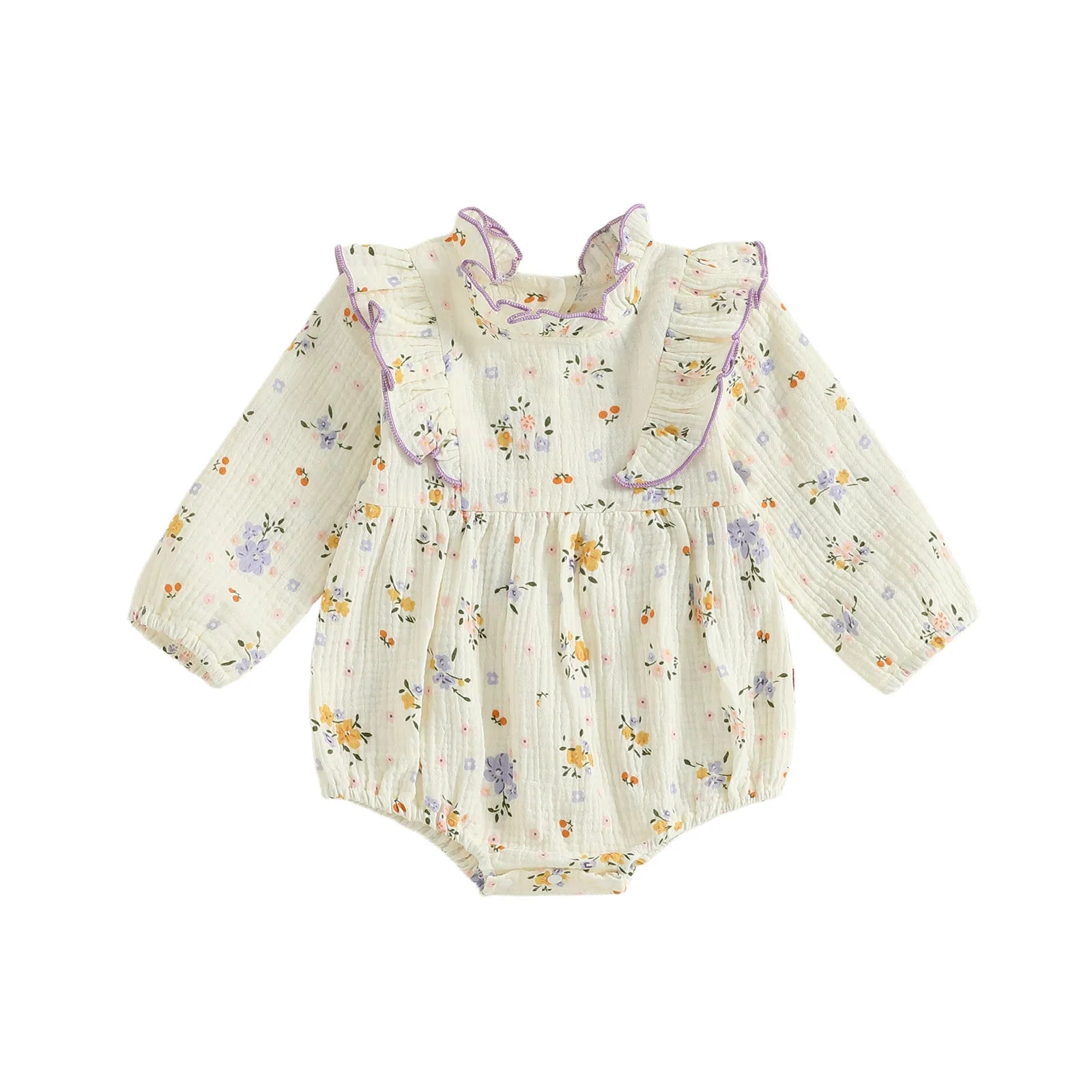 Baby Girl Fall Bubble Romper Floral Print Long Sleeve Frill Mock Neck Ruffled Jumpsuit