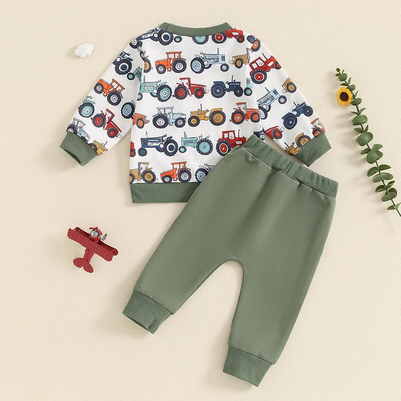 Baby Toddler Boys 2Pcs Set Long Sleeve Crew Neck Tractor Print Top with Elastic Waist Pants Outfit