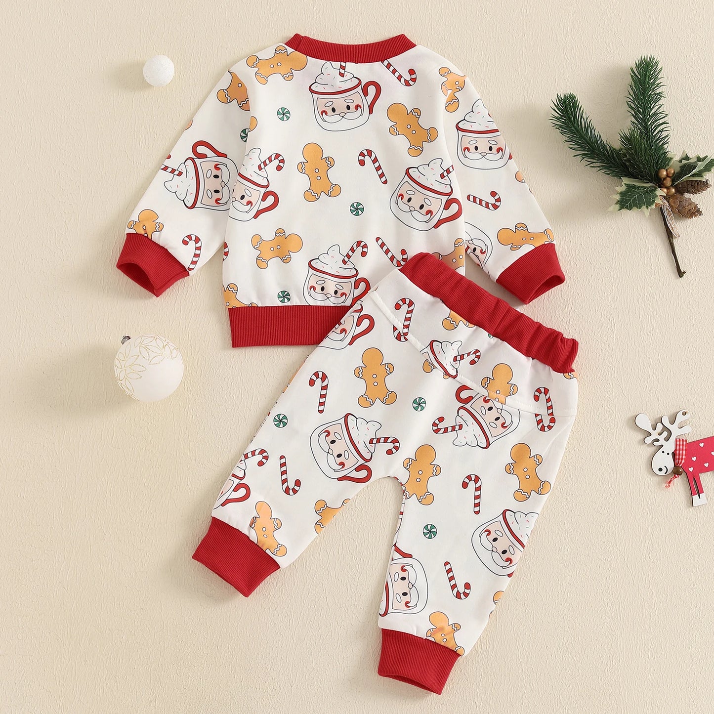 Baby Toddler Boys Girls 2Pcs Christmas Jogger Set Gingerbread Man Santa Mug Print Long Sleeve Top Long Pants Outfit