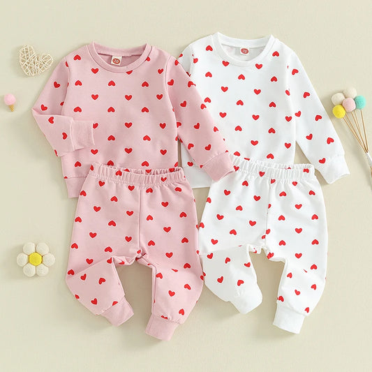 Baby Toddler Girls 2Pcs Clothes Valentine's Day Outfits Long Sleeve Crewneck Heart Print Pants Set