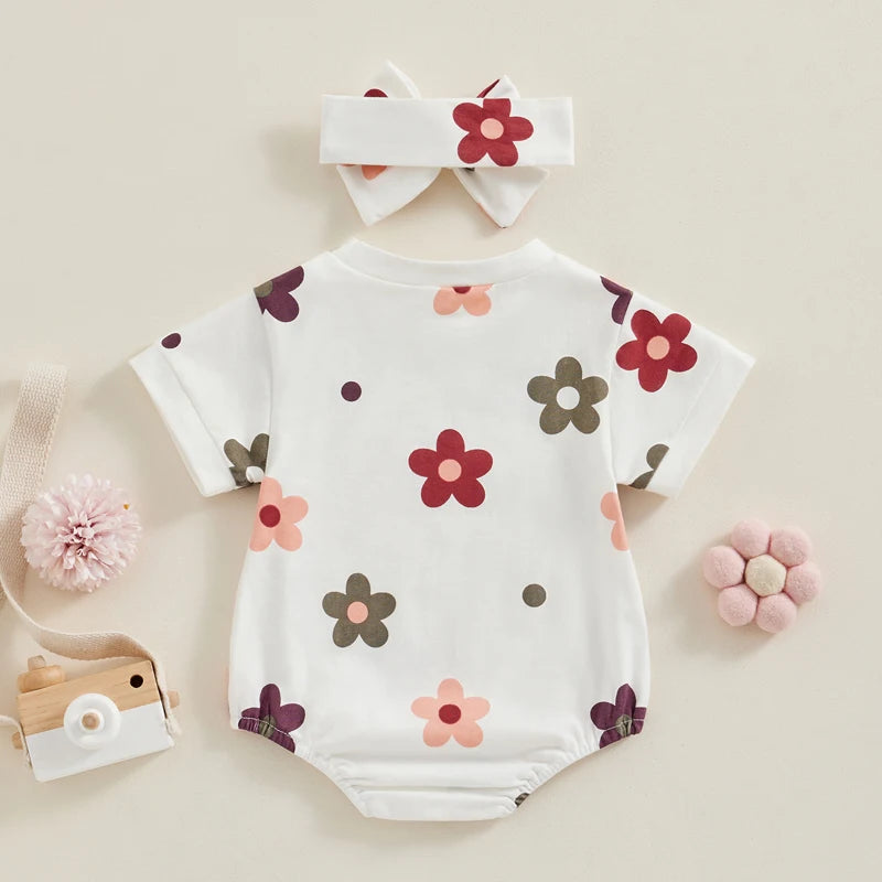 Baby Girl 2Pcs Summer Clothes Short Sleeve Romper Floral Flowers Print Jumpsuit Headband Set Outfit