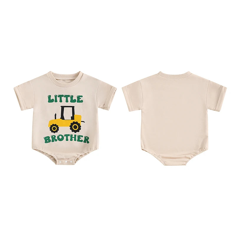 Baby Boy Summer Romper Little Brother Short Sleeve Round Neck Fire Truck Tractor Letter Print Bodysuit