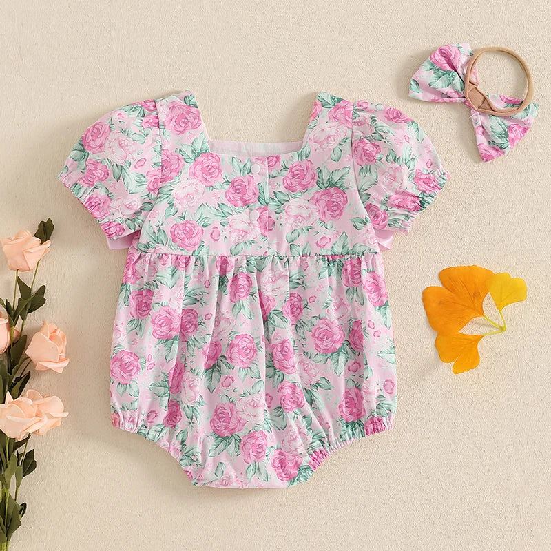 Baby Girls 2Pcs Romper Floral Print Short Sleeve Bodysuit Jumpsuit with Bow Headband Set