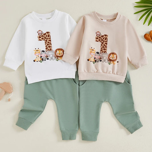 Baby Boys Girls 2Pcs First Birthday 1 One Outfit Animal Print Number Long Sleeve Top Elastic Waist Pants Set for Fall