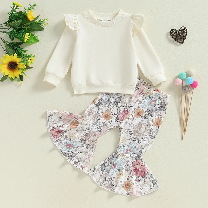 Baby Toddler Girls 2Pcs Outfit Fly Long Sleeve Round Neck Top Floral Flower / Butterfly / Strawberry Print Flared Pants Set