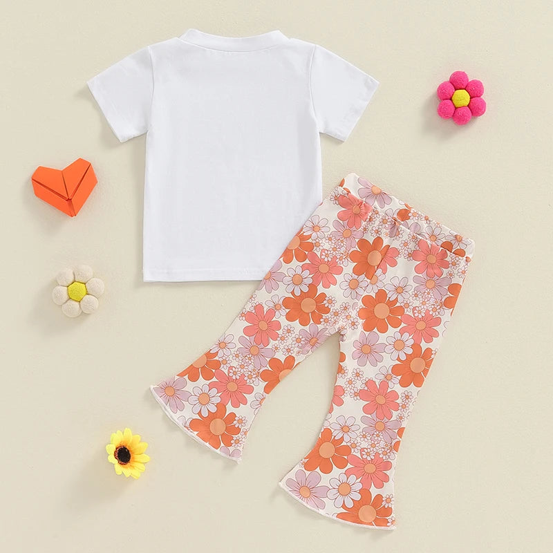 Baby Toddler Girls 2Pcs Wild At Heart Summer Outfit Letter Print Round Neck Short Sleeve Top with Elastic Waist Flower Print Flare Pants Set