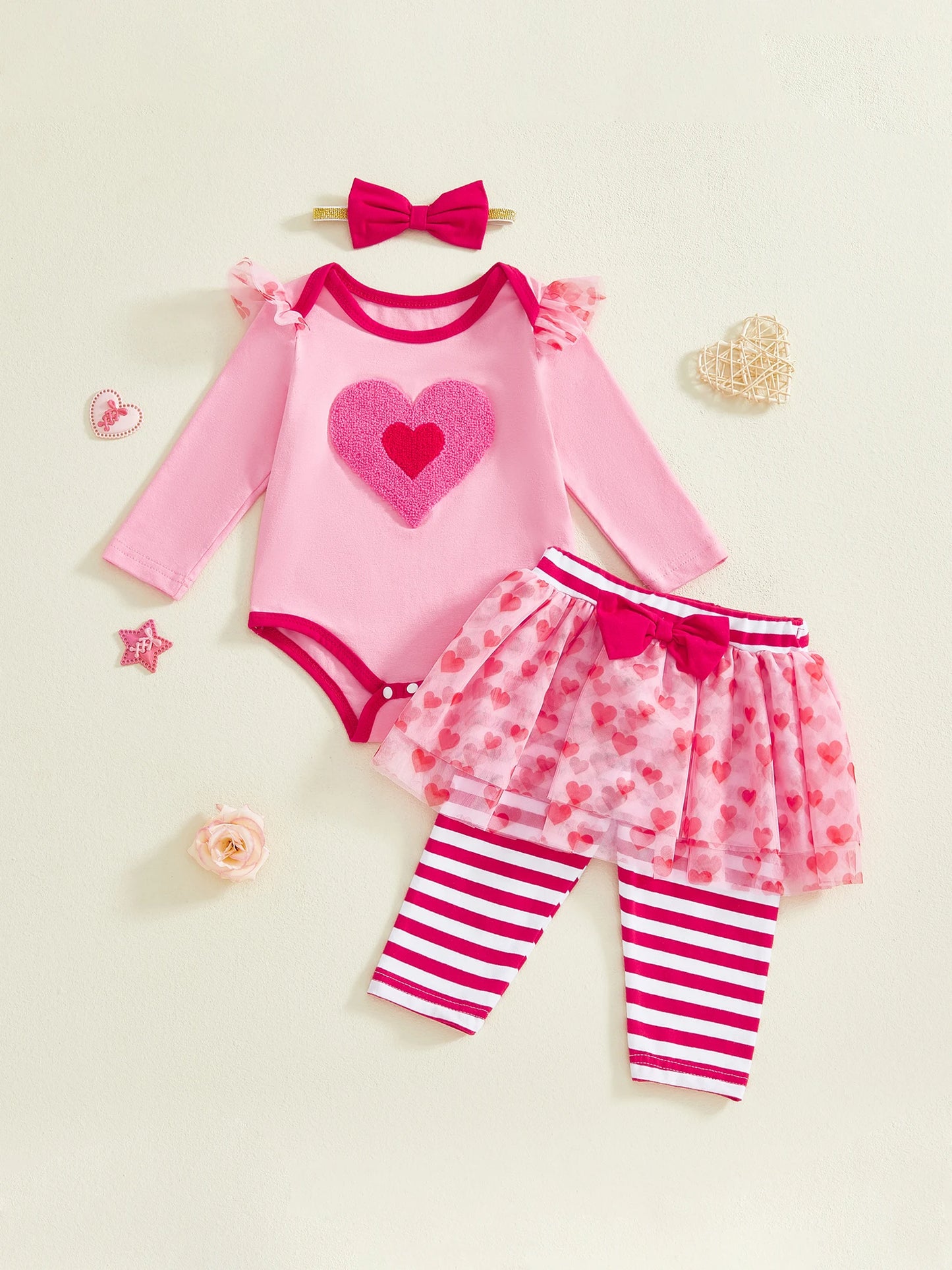 Baby Girl 3Pcs Valentines Day Outfit Heart Ruffle Long Sleeve Romper Striped Skirt Pants and Bow Headband 3 Piece Set