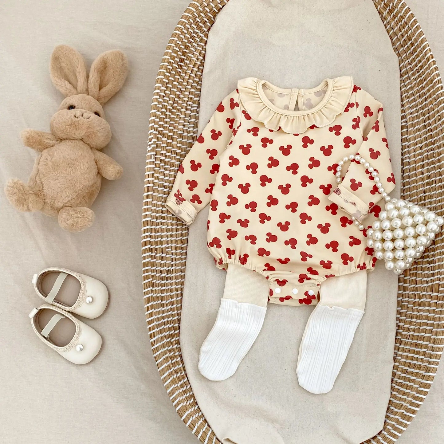 Baby Toddler Girl Clothes Mouse Print Romper Elegant Collar Long Sleeve Cute Sweet Bodysuit Autumn