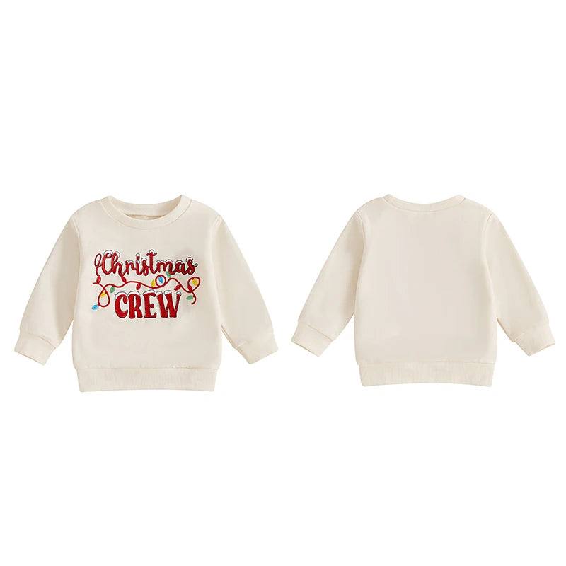 Baby Toddler Boys Girls Christmas Crew Letter Lights Embroidered Long Sleeve Round Neck Pullover Top