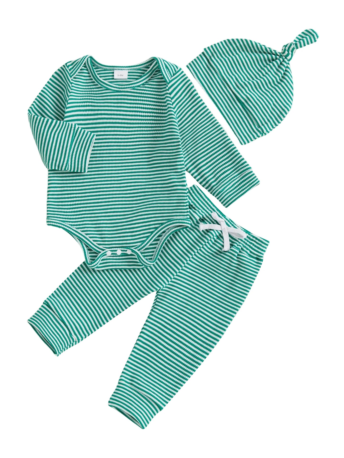 Baby Boys Girls 3Pcs Outfits Striped Crew Neck Long Sleeve Romper with Pants and Cap Beanie Hat Set