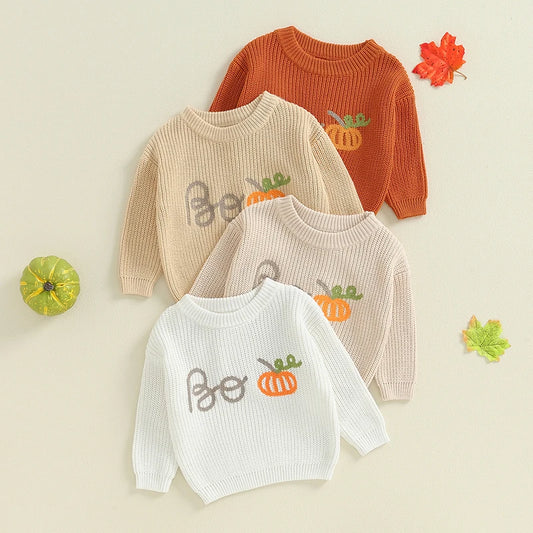 Baby Toddler Girls Boys Boo Halloween Sweater Long Sleeve Crew Neck Letters Pumpkin Knit Pullover Sweater Top