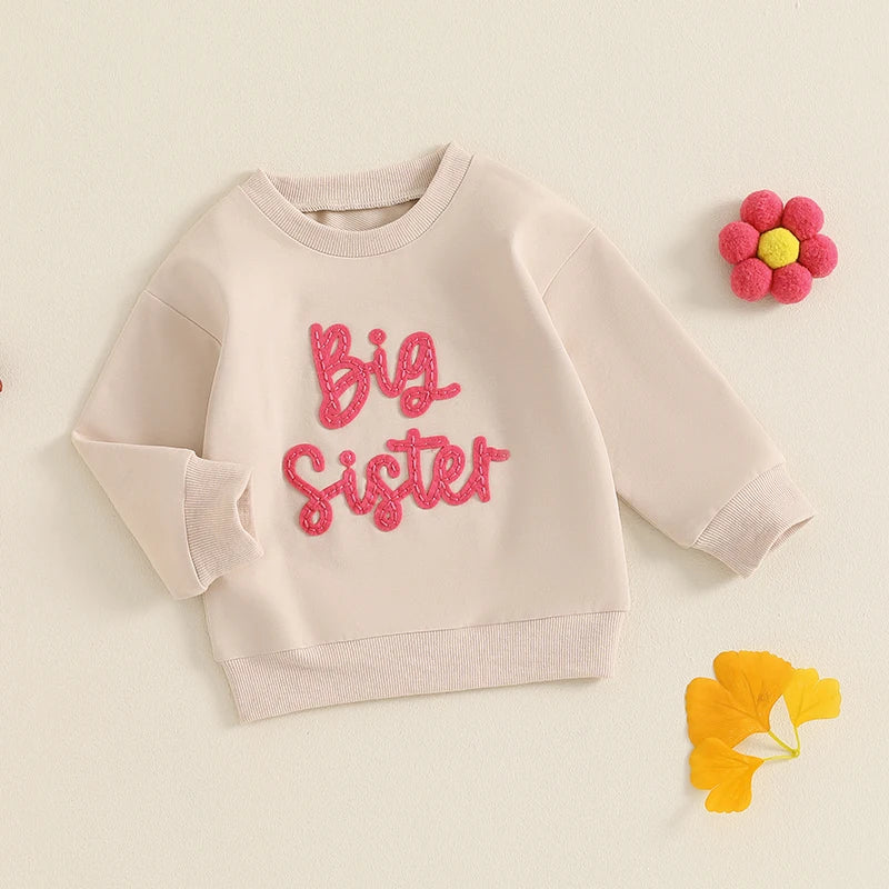 Toddler Kids Girls Big Sister Long Sleeve Crewneck Letter Embroidery Loose Fit Pullover Top