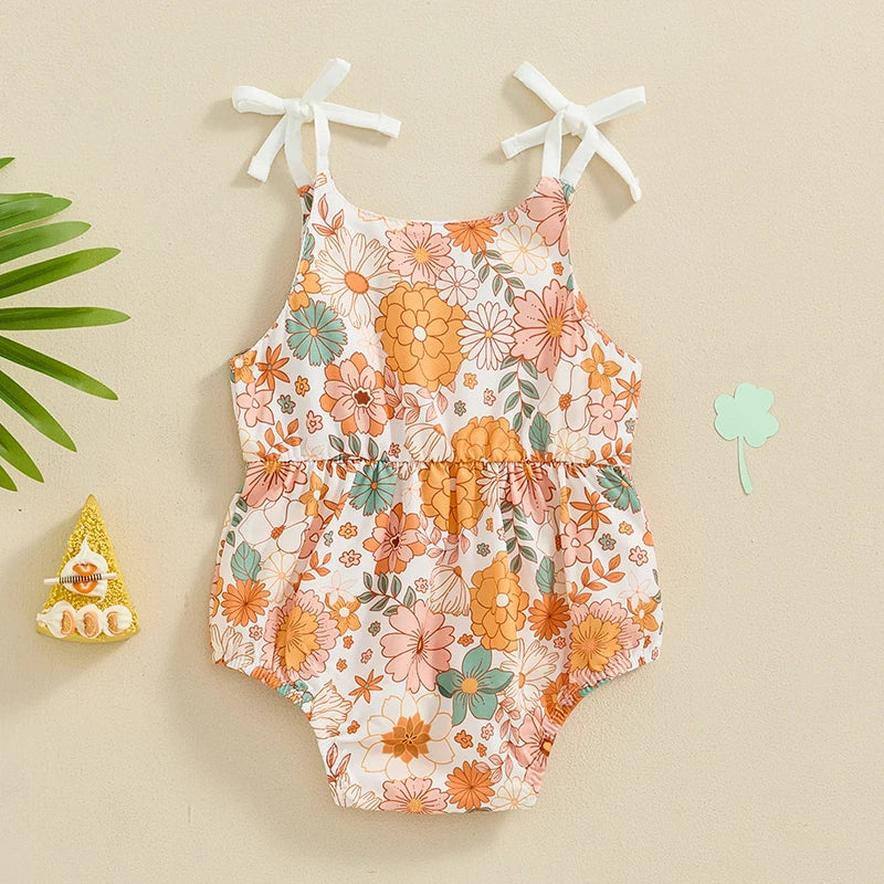 Baby Girls Summer Romper Flower/Butterfly Print Bow Tie Strap Tank Top Sleeveless Round Neck Jumpsuit